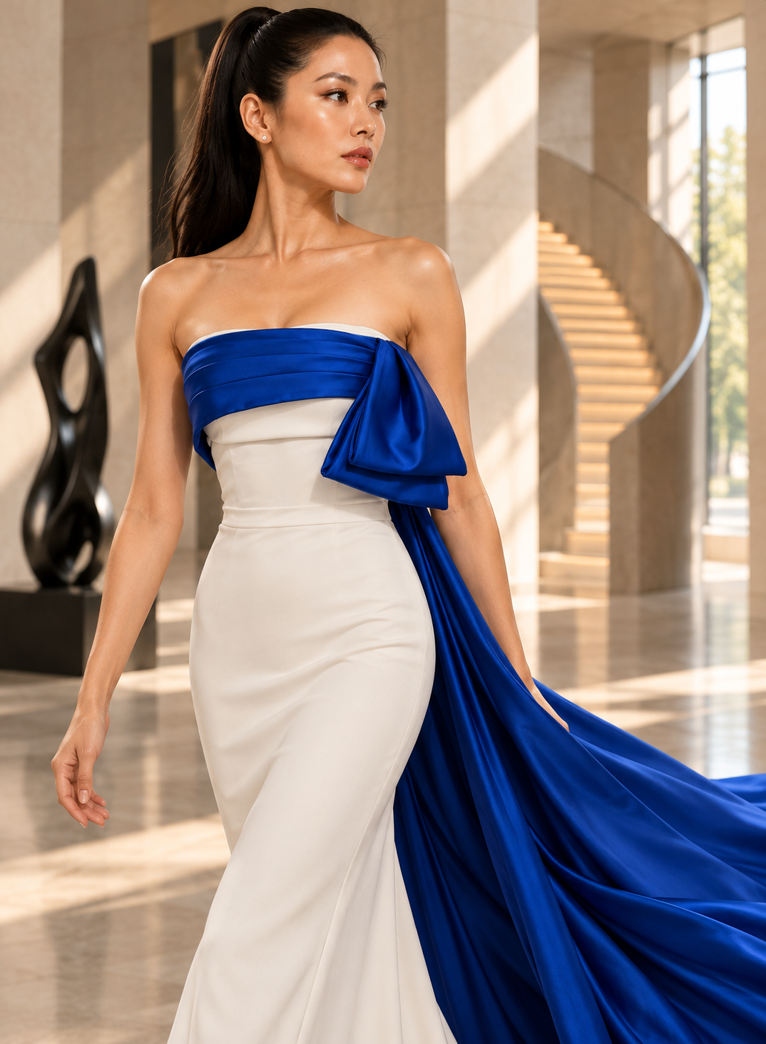 A woman models a strapless floor-length gown in a grand interior hallway with a spiral staircase. The dress features a vibrant royal blue sash across the bust with a large bow and a flowing train, paired with a fitted white skirt.