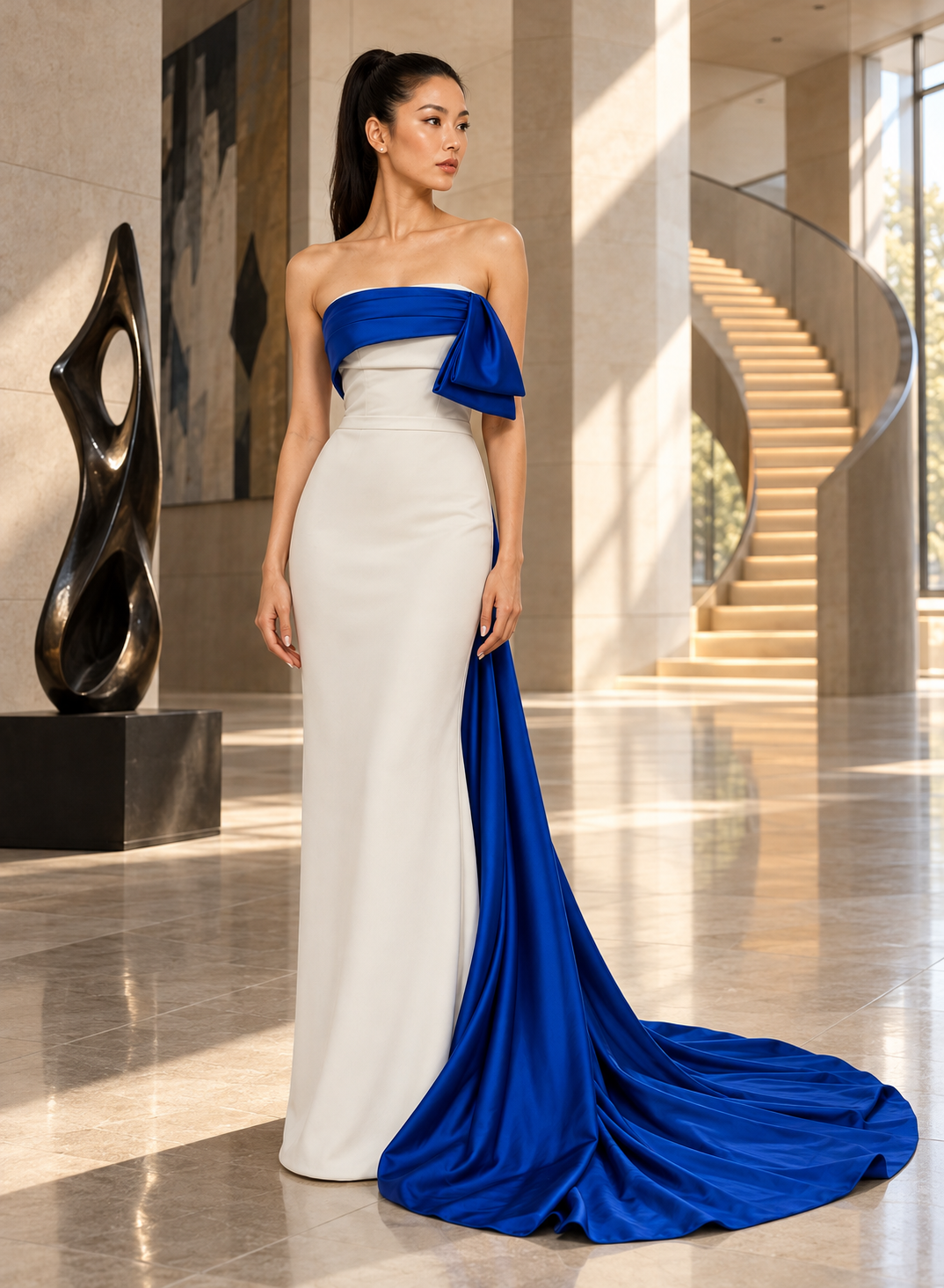 A woman models a floor-length off-the-shoulder gown in a grand interior hallway with a staircase and sculpture. The dress has a white fitted skirt and a bright royal blue strapless bodice with a large draped side detail and matching train.