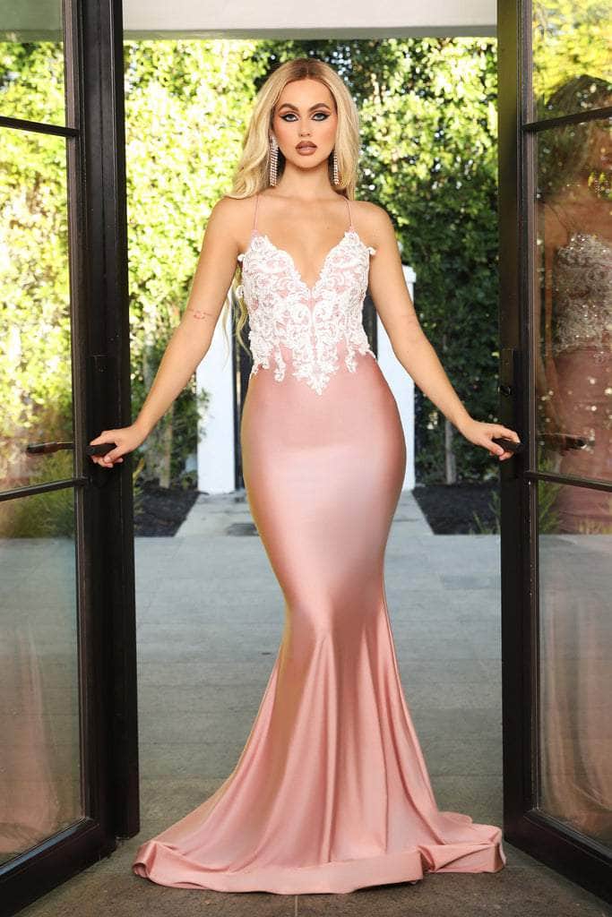 Portia & Scarlett PS21116 - A sleeveless mermaid gown with a plunging neckline, strappy back, and embellishments, perfect for an elegant and captivating look.