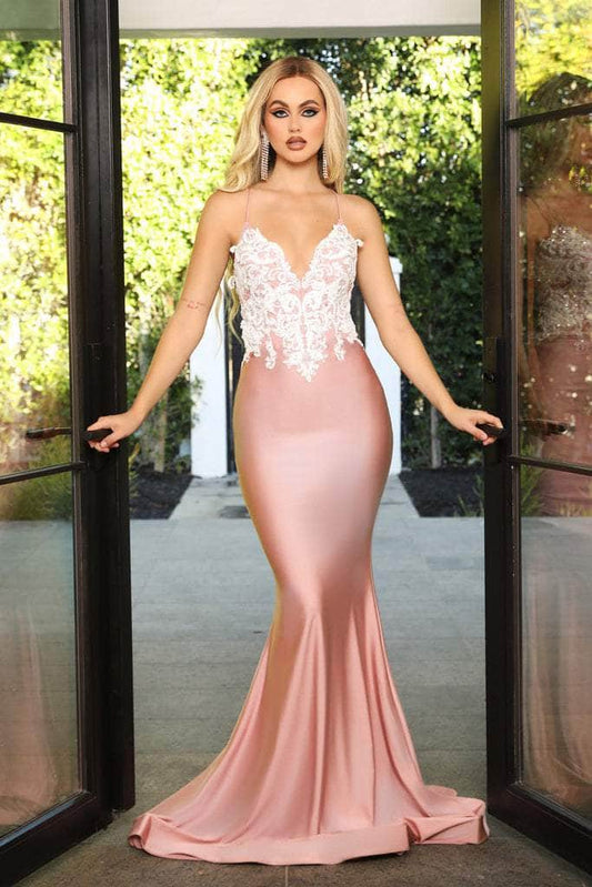 Portia & Scarlett PS21116 - A sleeveless mermaid gown with a plunging neckline, strappy back, and embellishments, perfect for an elegant and captivating look.
