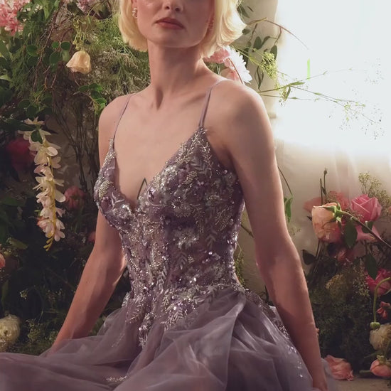 Andrea & Leo A1419 A-line gown in English violet with embellished lace bodice, V-neckline, thin straps, and a keyhole open back. Perfect for prom and formal evenings.  This is a Video.