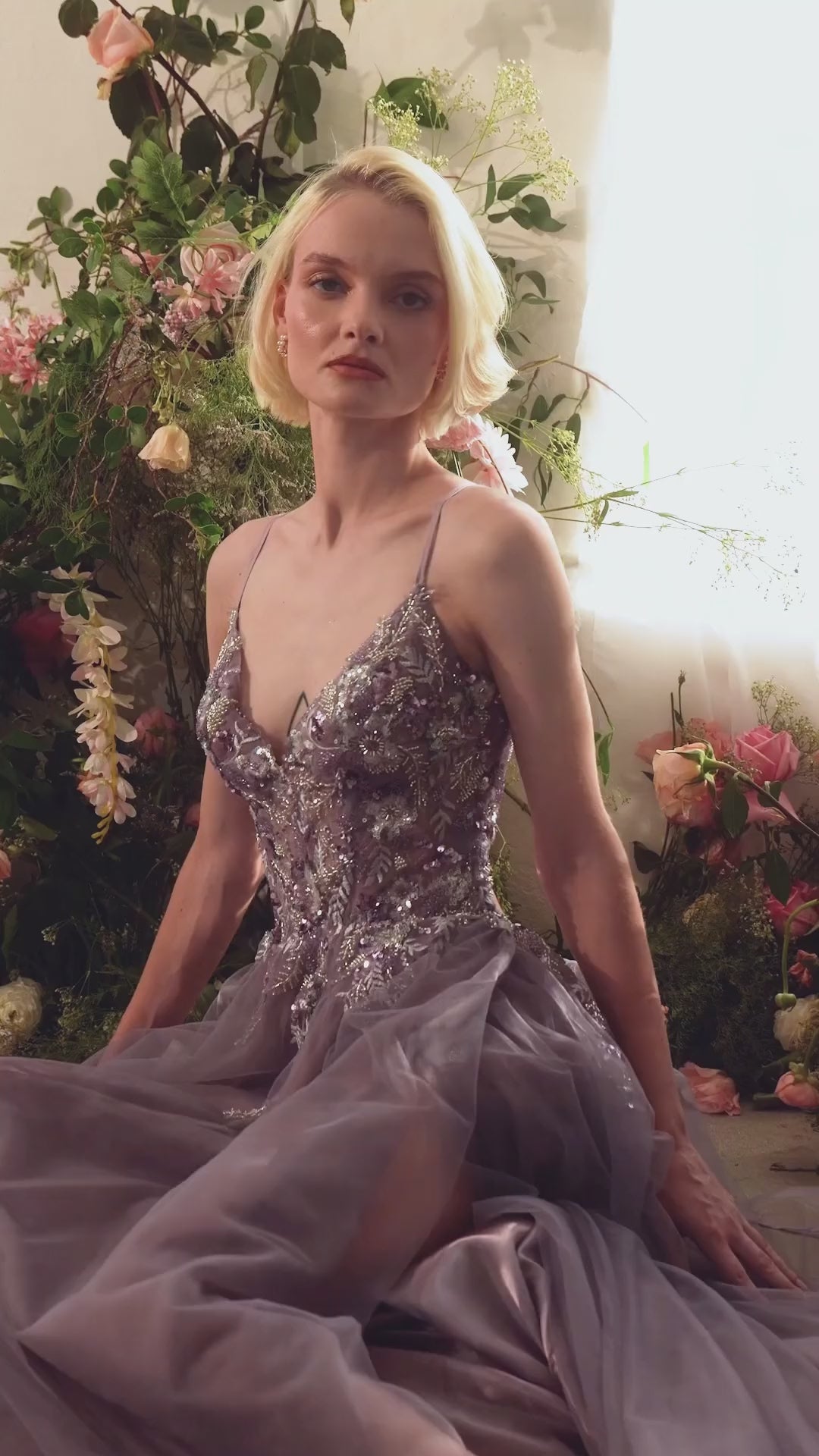 Andrea & Leo A1419 A-line gown in English violet with embellished lace bodice, V-neckline, thin straps, and a keyhole open back. Perfect for prom and formal evenings.  This is a Video.