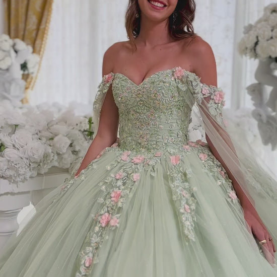 Ladivine 15716 off-the-shoulder sage green ball gown with floral and lace appliqué, perfect for Quinceañera celebrations.  This is a video.