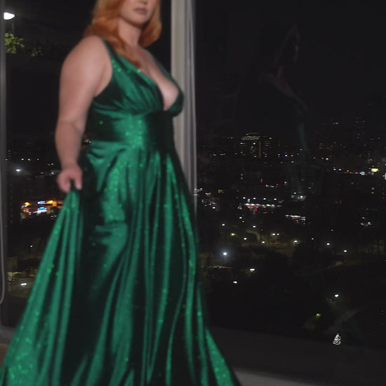 Ladivine CC2349C Glitter Stretch Satin A-Line Dress - video of the model wearing the dress in Emerald.