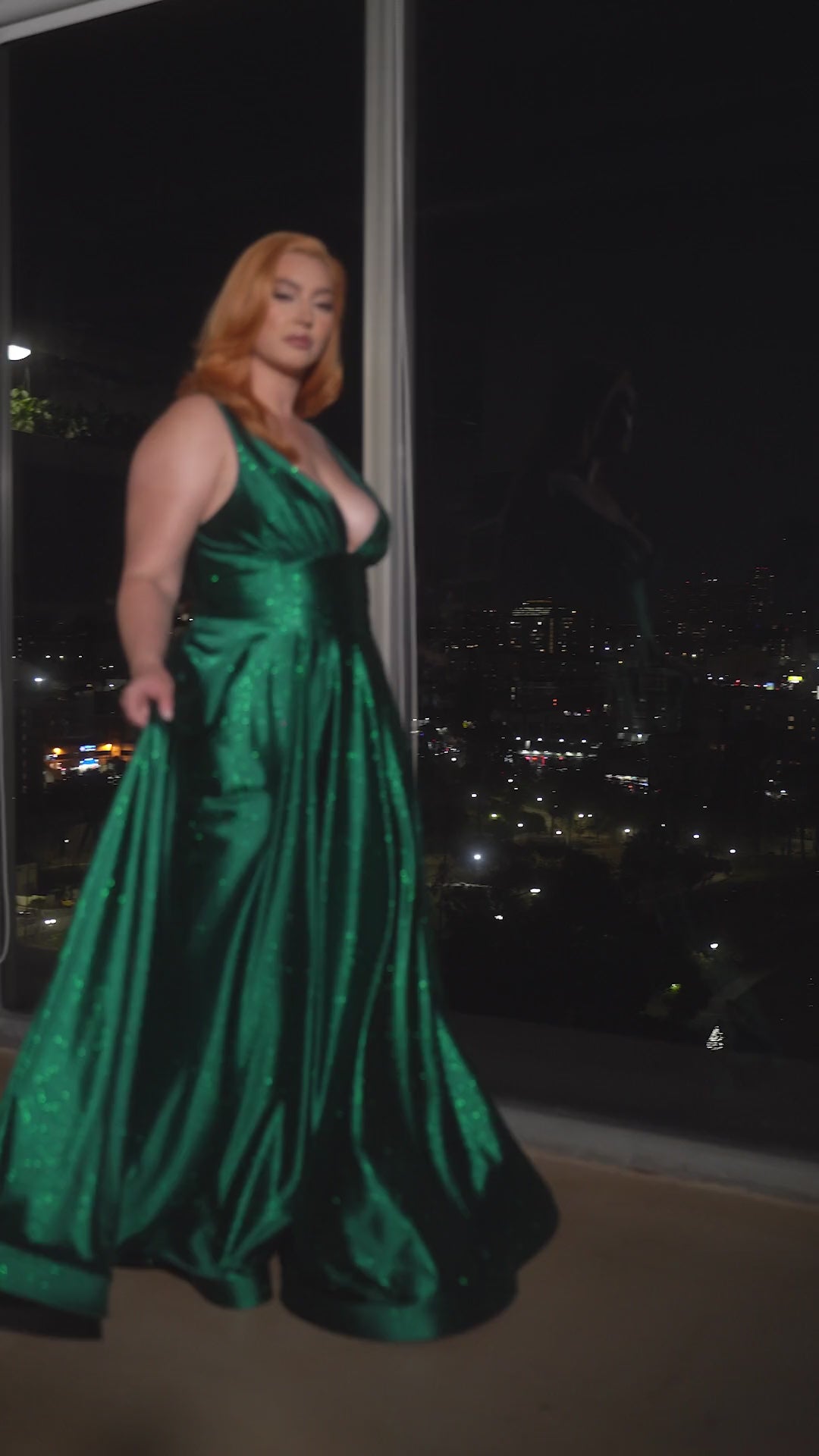 Ladivine CC2349C Glitter Stretch Satin A-Line Dress - video of the model wearing the dress in Emerald.