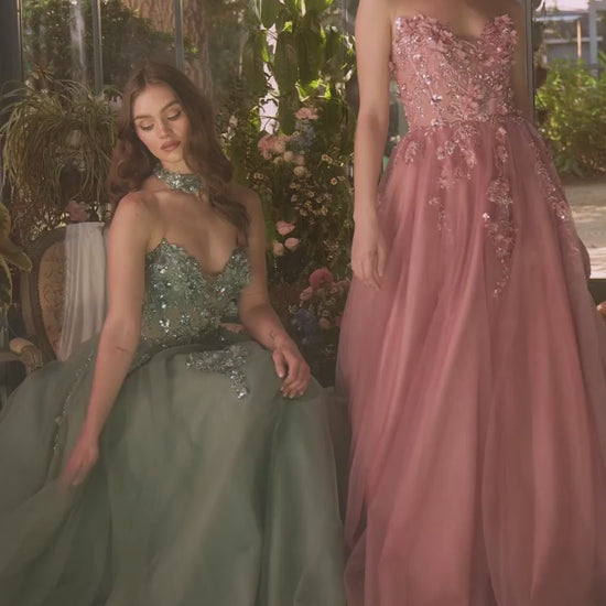 Andrea & Leo A1399 strapless embellished ballgown in dark sage with matching choker, perfect for prom and formal evening galas.  This is a video.