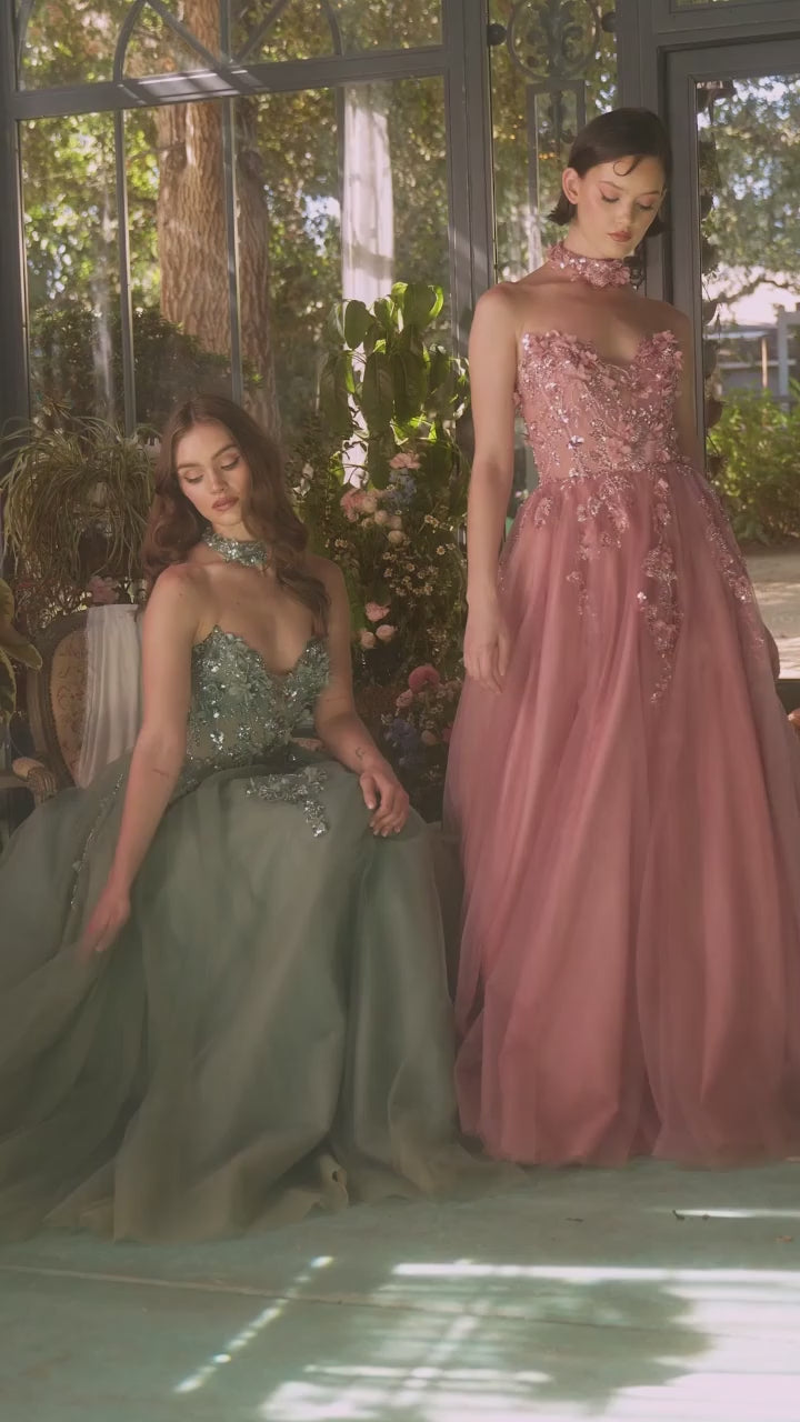 Andrea & Leo A1399 strapless embellished ballgown in dark sage with matching choker, perfect for prom and formal evening galas.  This is a video.