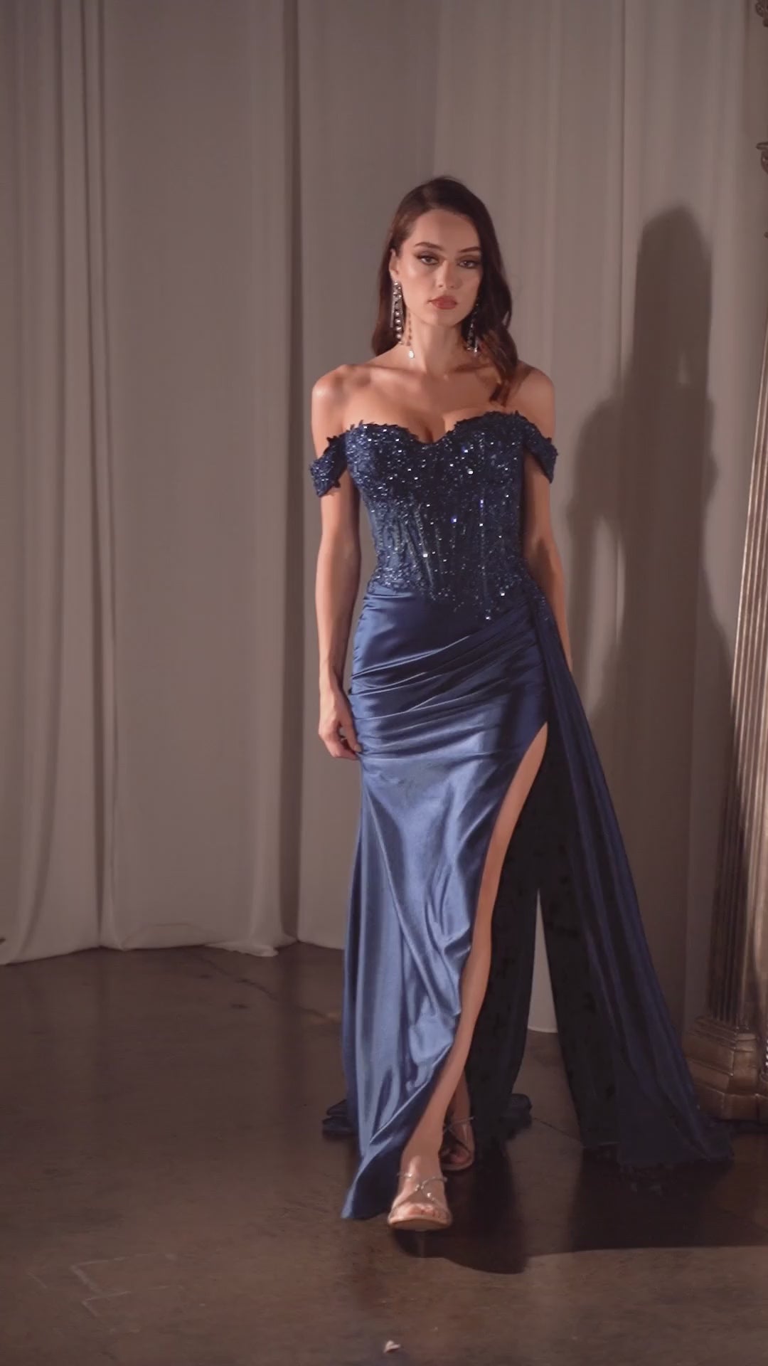 Ladivine - CD803 - Off-the-Shoulder Lace & Satin Fitted Gown