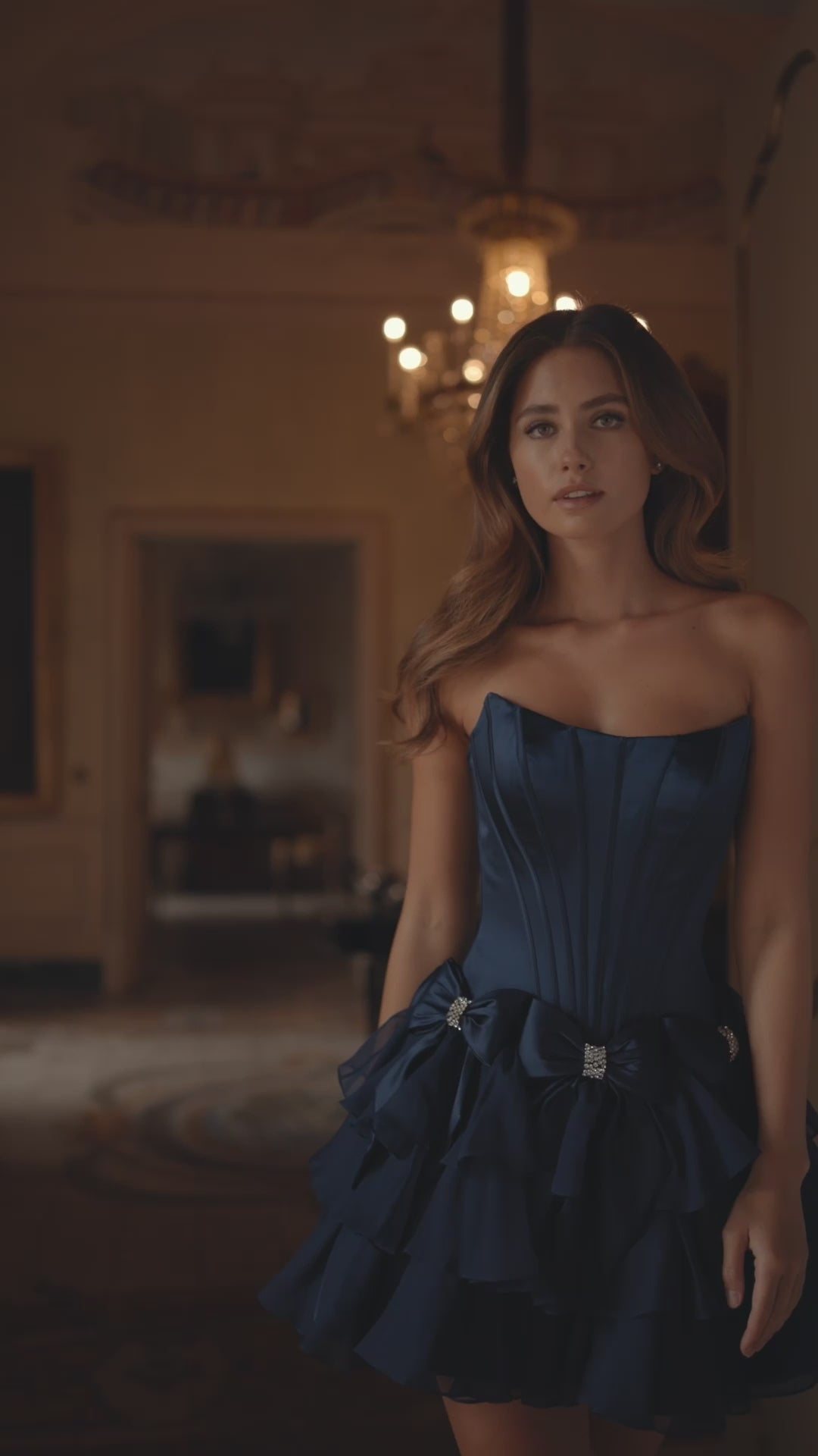 Model wearing Sherri Hill 57276 strapless satin cocktail dress with bow accents on waist and chiffon ruffle skirt.  This is a video of the model wearing the dress.