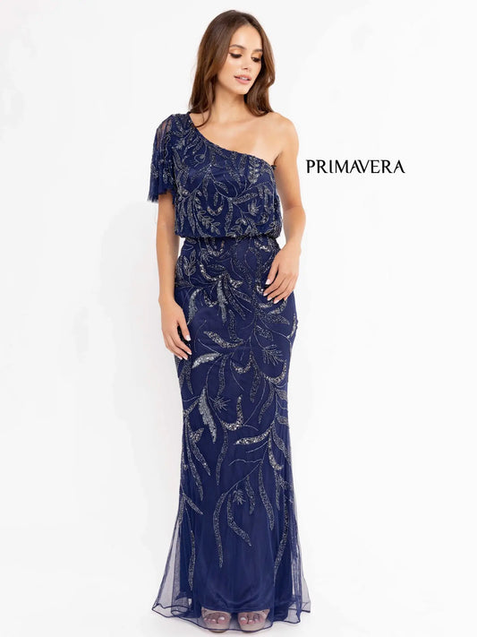 Primavera 13106 One-Shoulder Beaded Long Dress - Elegant gown featuring a one-shoulder design with intricate beadwork and a fitted silhouette.