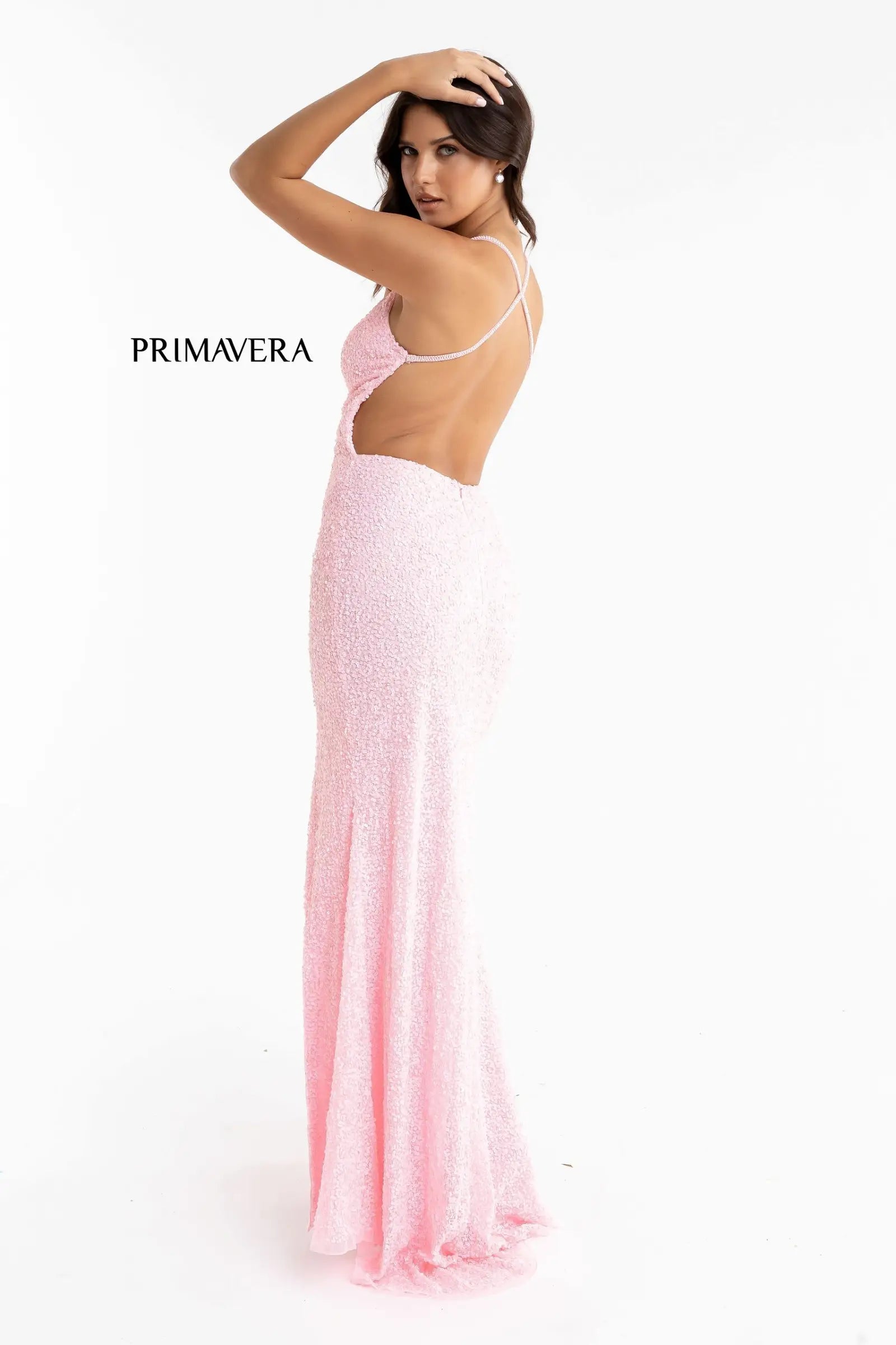 Primavera 3291 Sparkling Sequin Long Dress - A sequinned long dress with a V-neck, criss cross open low back, and high side slit, perfect for formal evening events and prom.