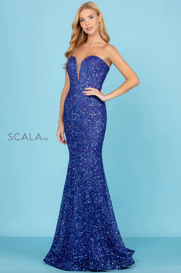 Scala 60093 Sequinned Sheath Silhouette Evening Dress - A captivating gown featuring sheer insets with sequins, perfect for evening events or prom.
