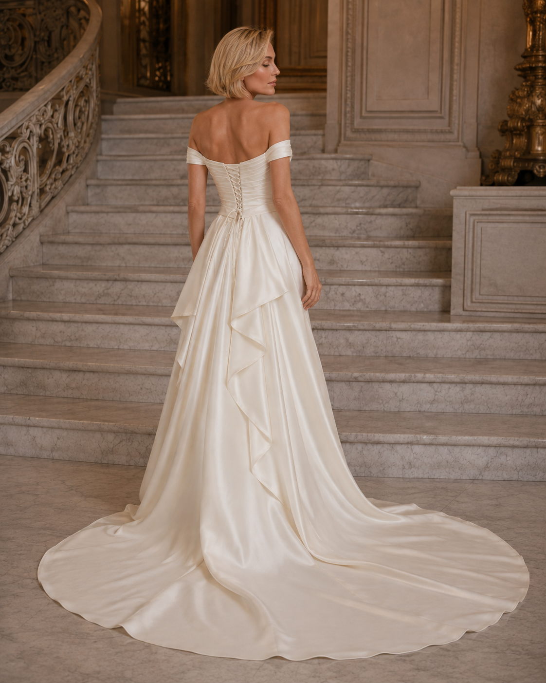 An off-the-shoulder ivory wedding gown with a corseted back and layered ruffle skirt, shown on a model from behind as she stands on grand marble stairs.