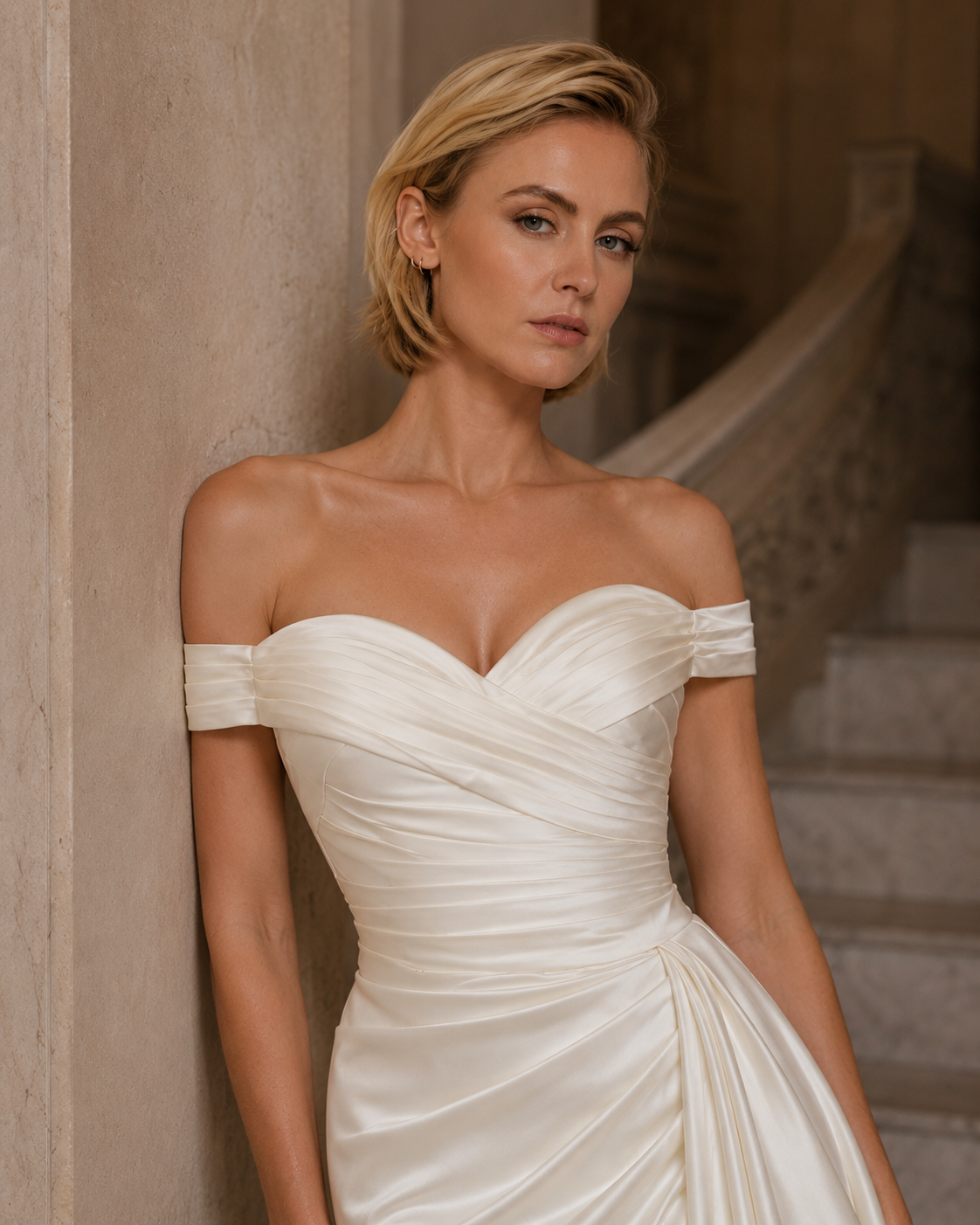 A woman wearing an off-the-shoulder champagne satin wedding dress, leaning against a stone pillar in front of a grand staircase.