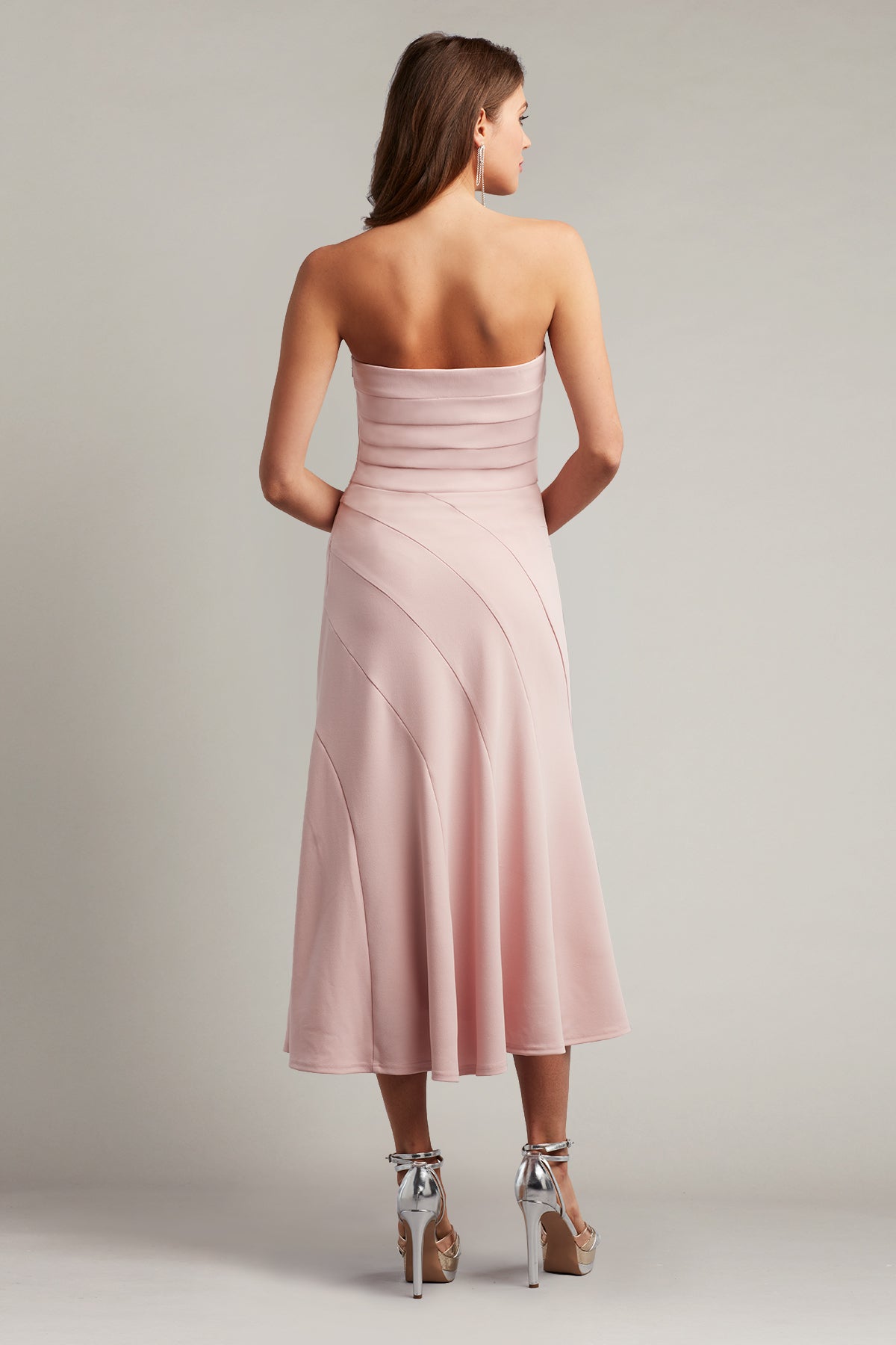 Tadashi Shoji BOS22110MD Strapless Midi Dress in crepe, featuring a pleated design and flared skirt, perfect for formal events.