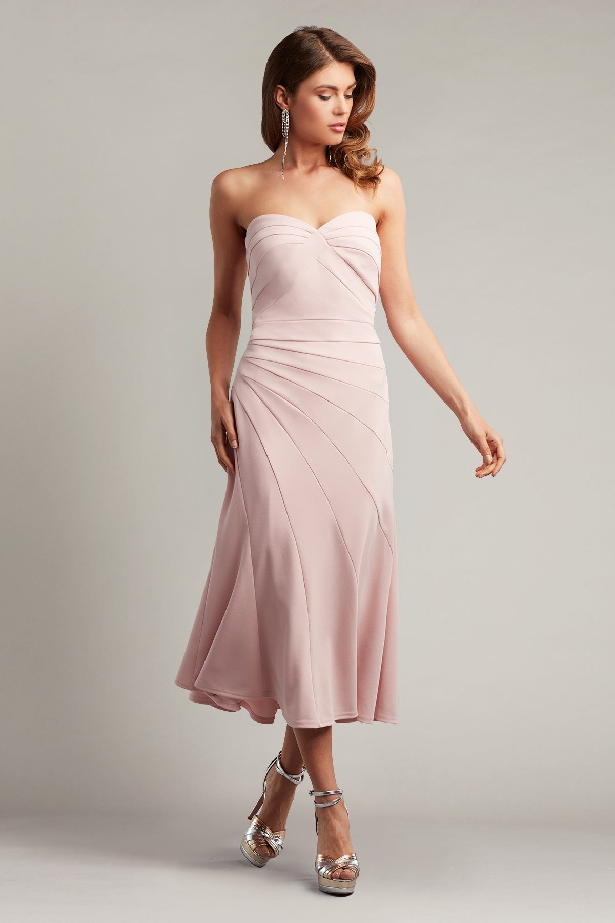 Tadashi Shoji BOS22110MD Strapless Midi Dress in crepe, featuring a pleated design and flared skirt, perfect for formal events.