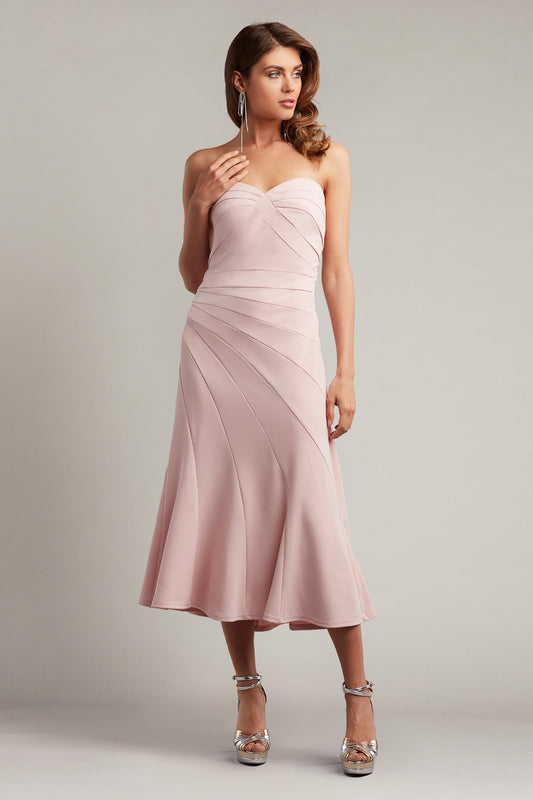 Tadashi Shoji BOS22110MD Strapless Midi Dress in crepe, featuring a pleated design and flared skirt, perfect for formal events.