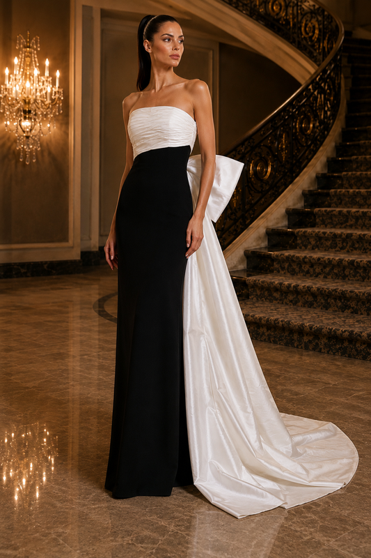A woman models a strapless evening gown in an elegant indoor setting with a staircase and chandelier. The dress features a black satin skirt and a white satin bodice with a dramatic draped train.