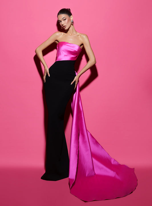 Tarik Ediz 98403 Chic Strapless Column Gown - A sophisticated strapless gown with a column fitted silhouette and a captivating side sash creating a sweep train. Ideal for formal evening occasions.