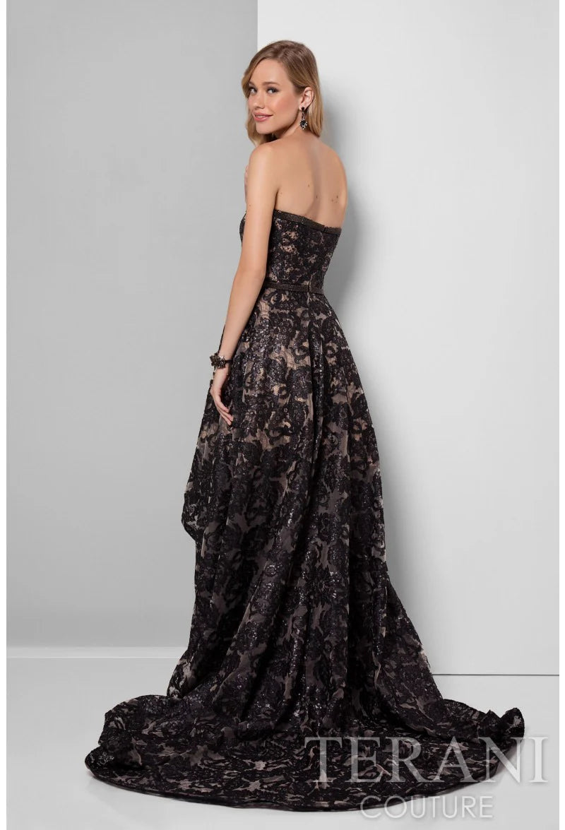 Terani 1713E3614 Strapless Lace Evening Gown - Elegant strapless gown with lace overlay, high-low hemline, and train, perfect for formal events.