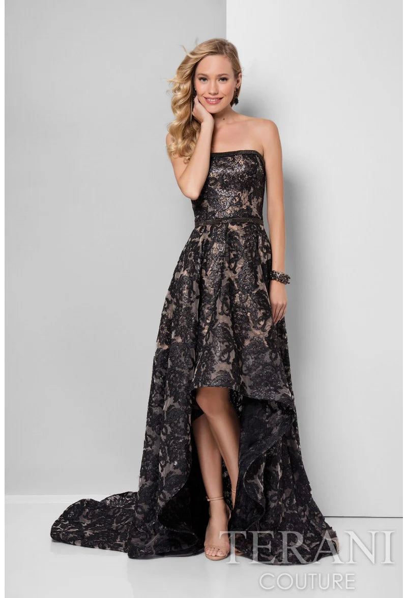 Terani 1713E3614 Strapless Lace Evening Gown - Elegant strapless gown with lace overlay, high-low hemline, and train, perfect for formal events.