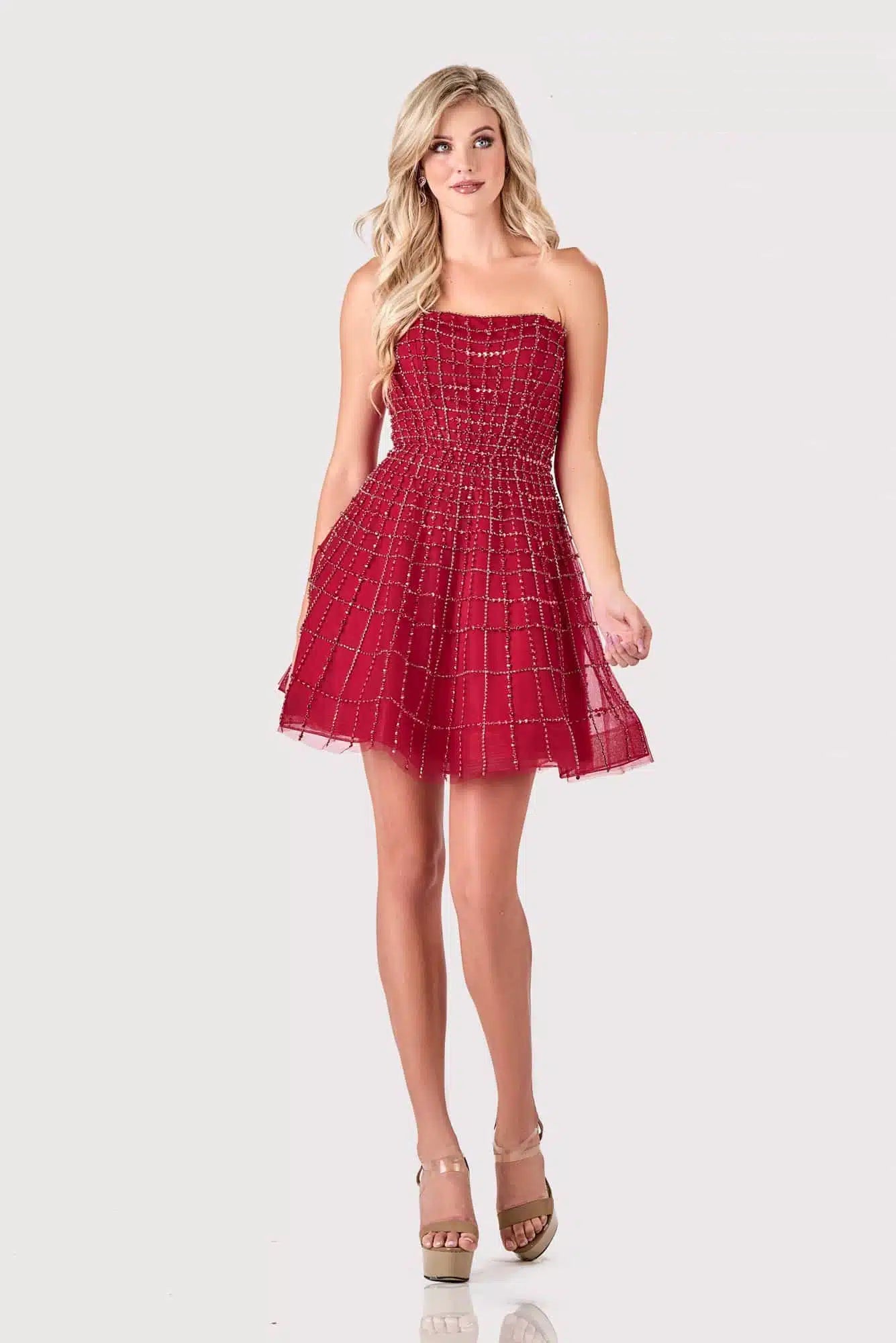 Terani 2111P4250 Embellished Strapless A-Line Dress - A glamorous tulle A-line dress with embellished bodice, strapless neckline, and open back, perfect for formal events.