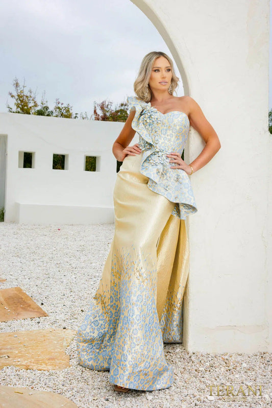 Terani 241E2402: A-Line Elegance with Asymmetrical Ruffles