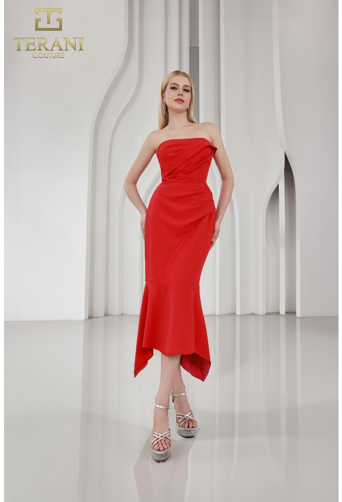 Terani 251C4173 Strapless Draped Mermaid Gown in RED-FUCHSIA - front View. 