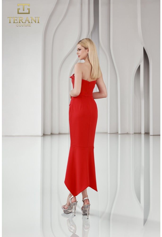 Terani 251C4173 Strapless Draped Mermaid Gown in RED-FUCHSIA - Back View. 