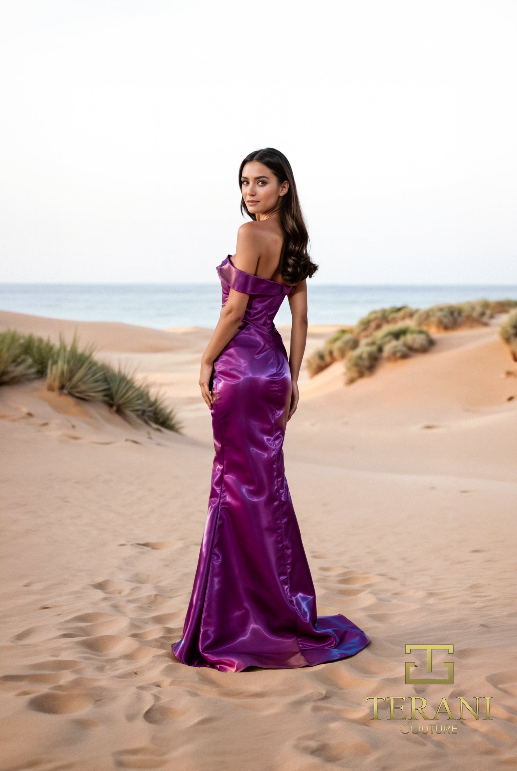 Model wearing Terani 252E5162 off-shoulder gown with draped bodice, rosette detail at hip, and fit-and-flare silhouette.  Model is wearing the color plum.  Back view of the dress.