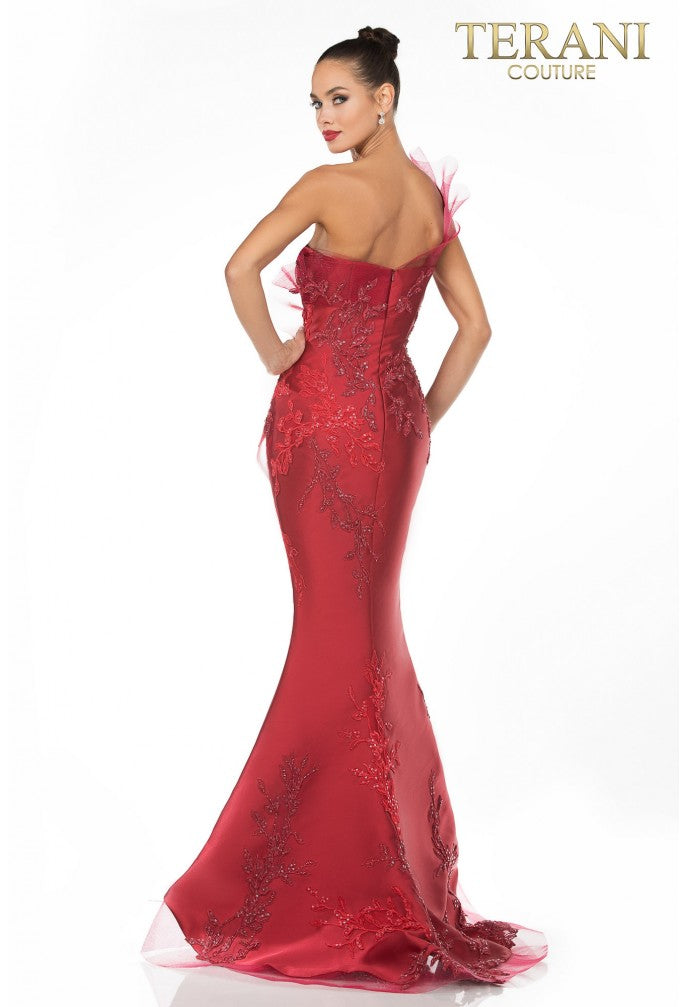 Ruby evening gown with intricate detailing on a white background, featuring the Terani Couture brand.