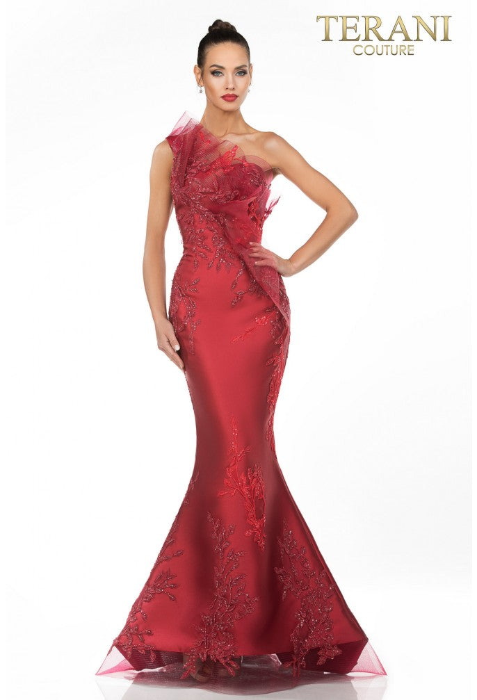 Ruby evening gown with floral details on a white background, featuring the Terani Couture brand.