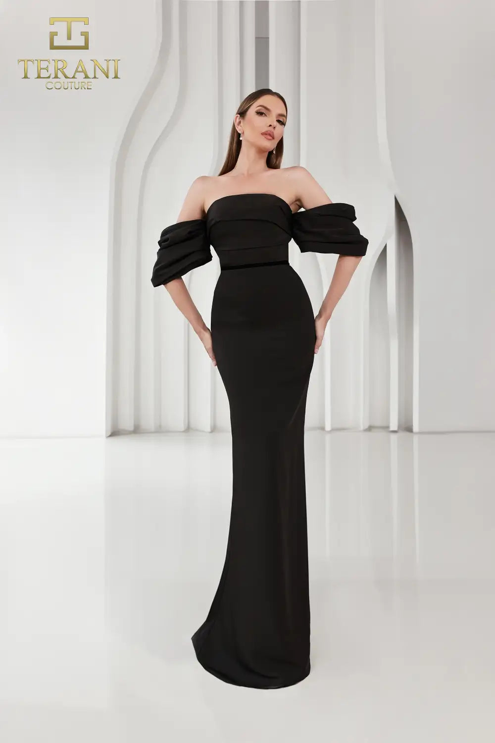 Terani Couture 251E4204 Off-Shoulder Matte Satin Gown - Features a sheath silhouette, straight neckline, back slit, and luxurious matte satin fabric for formal elegance.