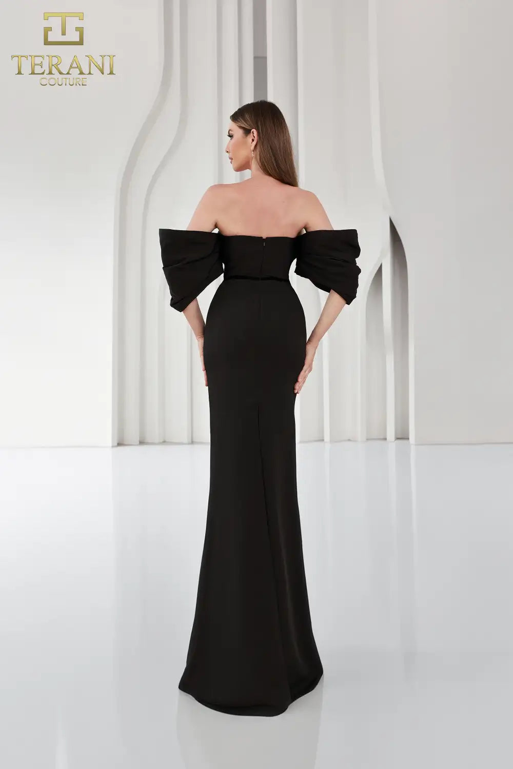 Terani Couture 251E4204 Off-Shoulder Matte Satin Gown - Features a sheath silhouette, straight neckline, back slit, and luxurious matte satin fabric for formal elegance.