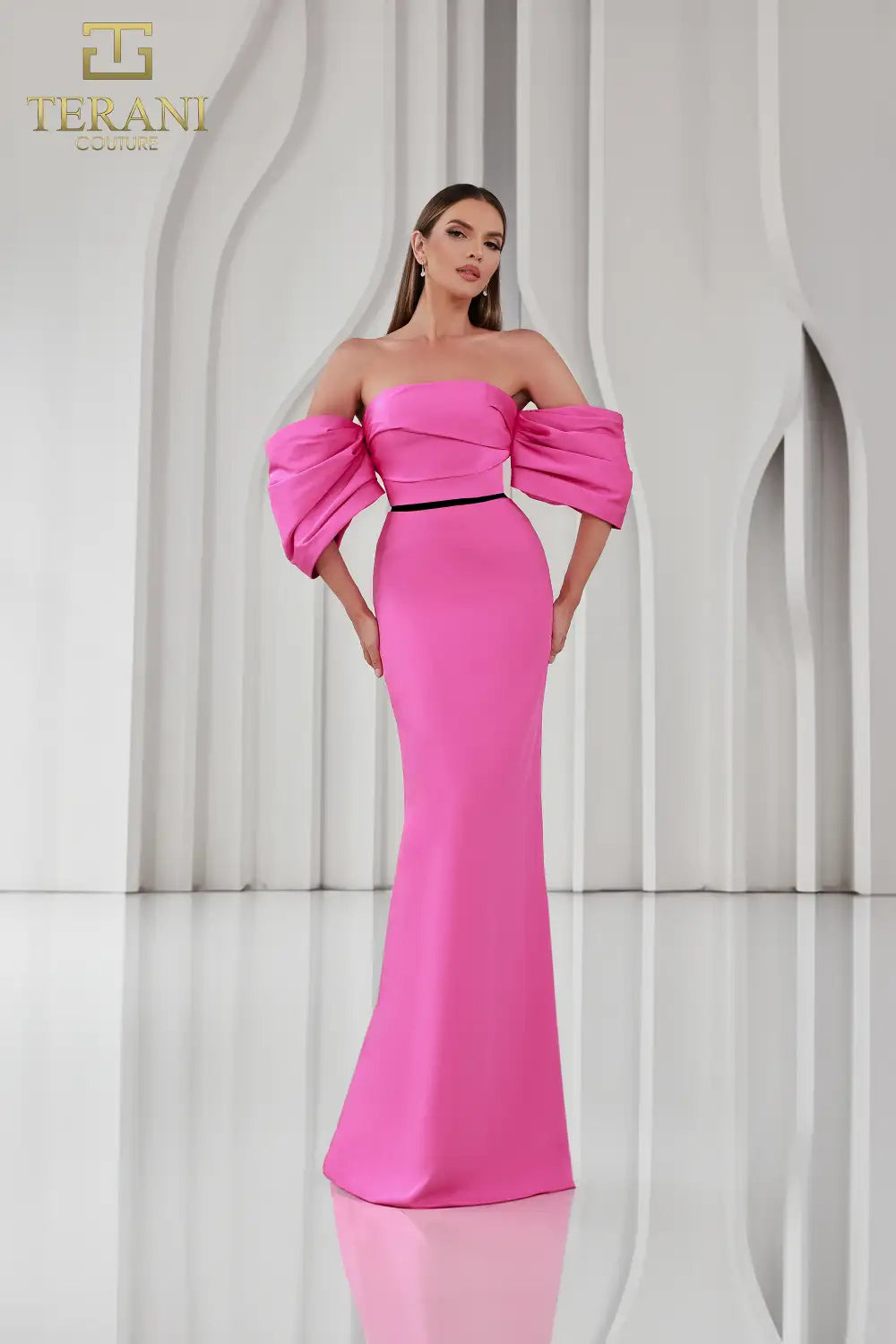 Terani Couture 251E4204 Off-Shoulder Matte Satin Gown - Features a sheath silhouette, straight neckline, back slit, and luxurious matte satin fabric for formal elegance.