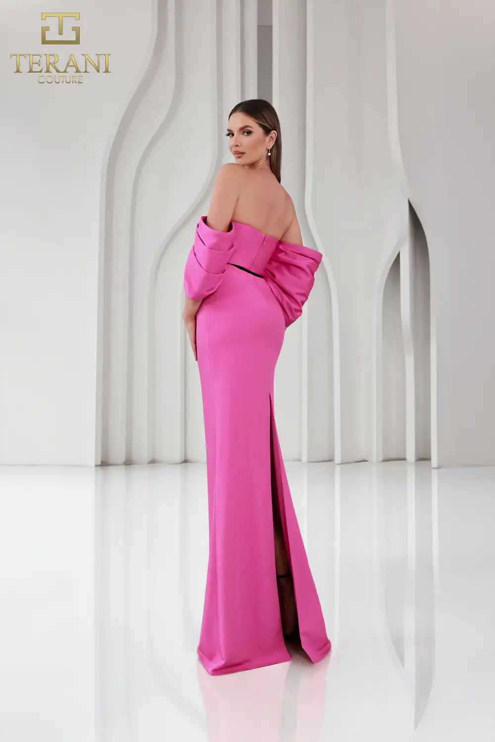 Terani Couture 251E4204 Off-Shoulder Matte Satin Gown - Features a sheath silhouette, straight neckline, back slit, and luxurious matte satin fabric for formal elegance.