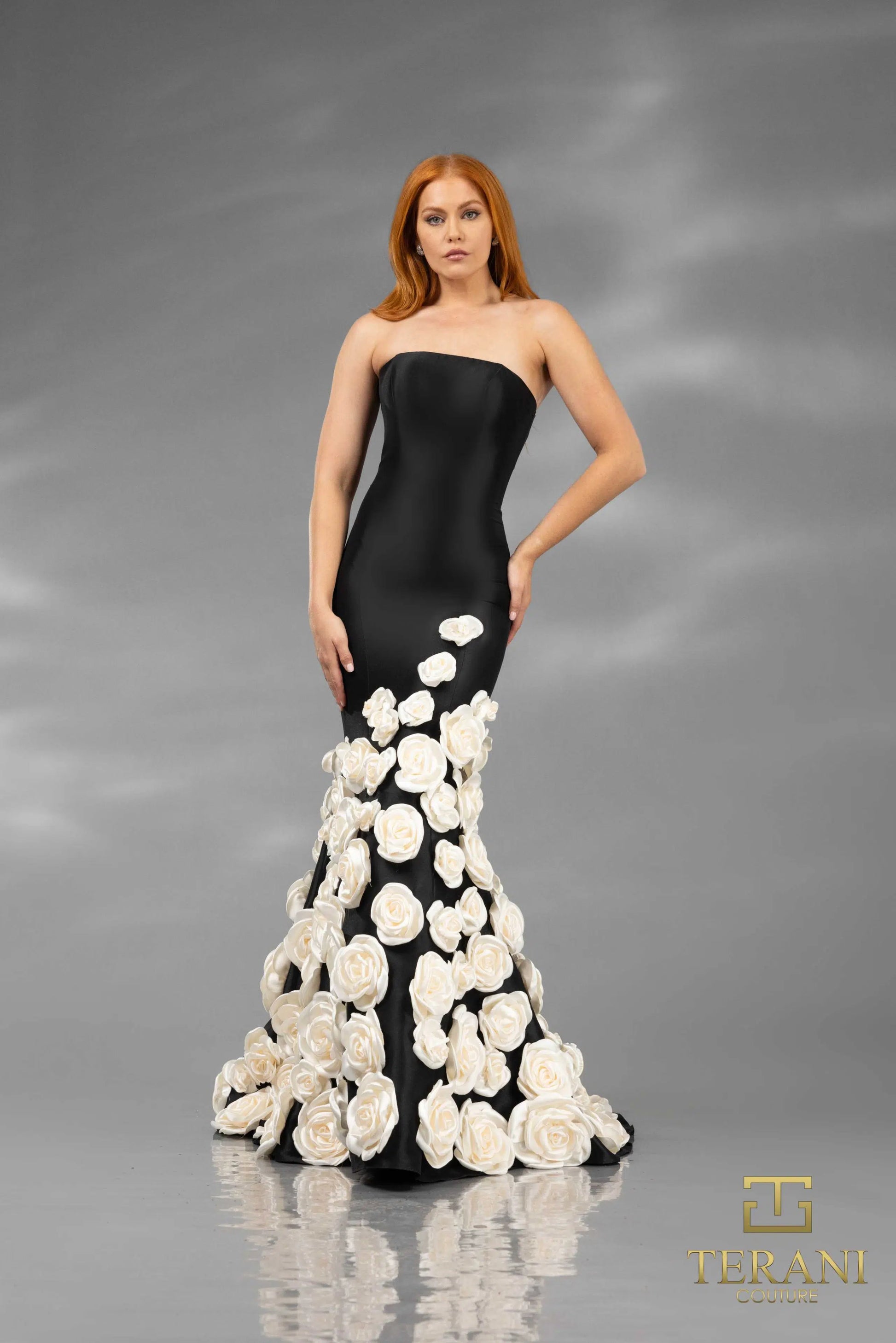 Terani Couture 251GL4184 Stretch Mikado Trumpet Gown with 3D floral appliqués, strapless bodice, and detachable sheer cape.