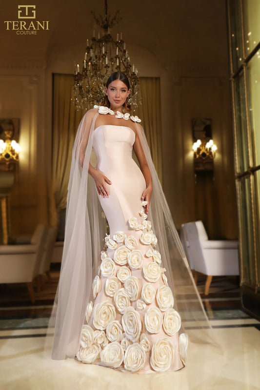 Terani Couture 251GL4184 Stretch Mikado Trumpet Gown with 3D floral appliqués, strapless bodice, and detachable sheer cape.
