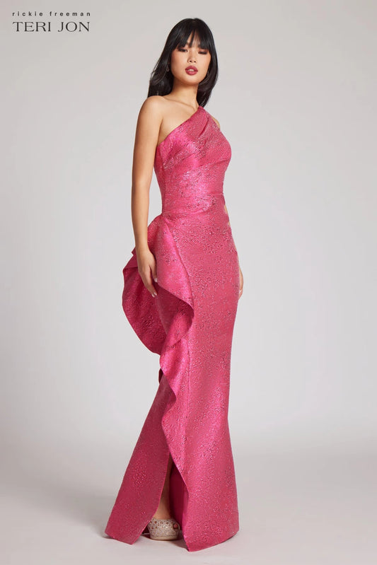 Model wearing Teri Jon 246024 jacquard gown featuring a one-shoulder design, ruching, and a dramatic side ruffle, perfect for formal occasions.