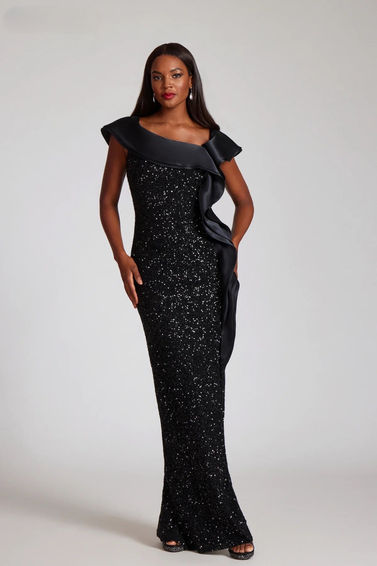 Teri Jon 249006 Sequin Off-the-Shoulder Evening Gown, glamorous gown with sequin detailing, perfect for evening events and mother of the bride occasions.