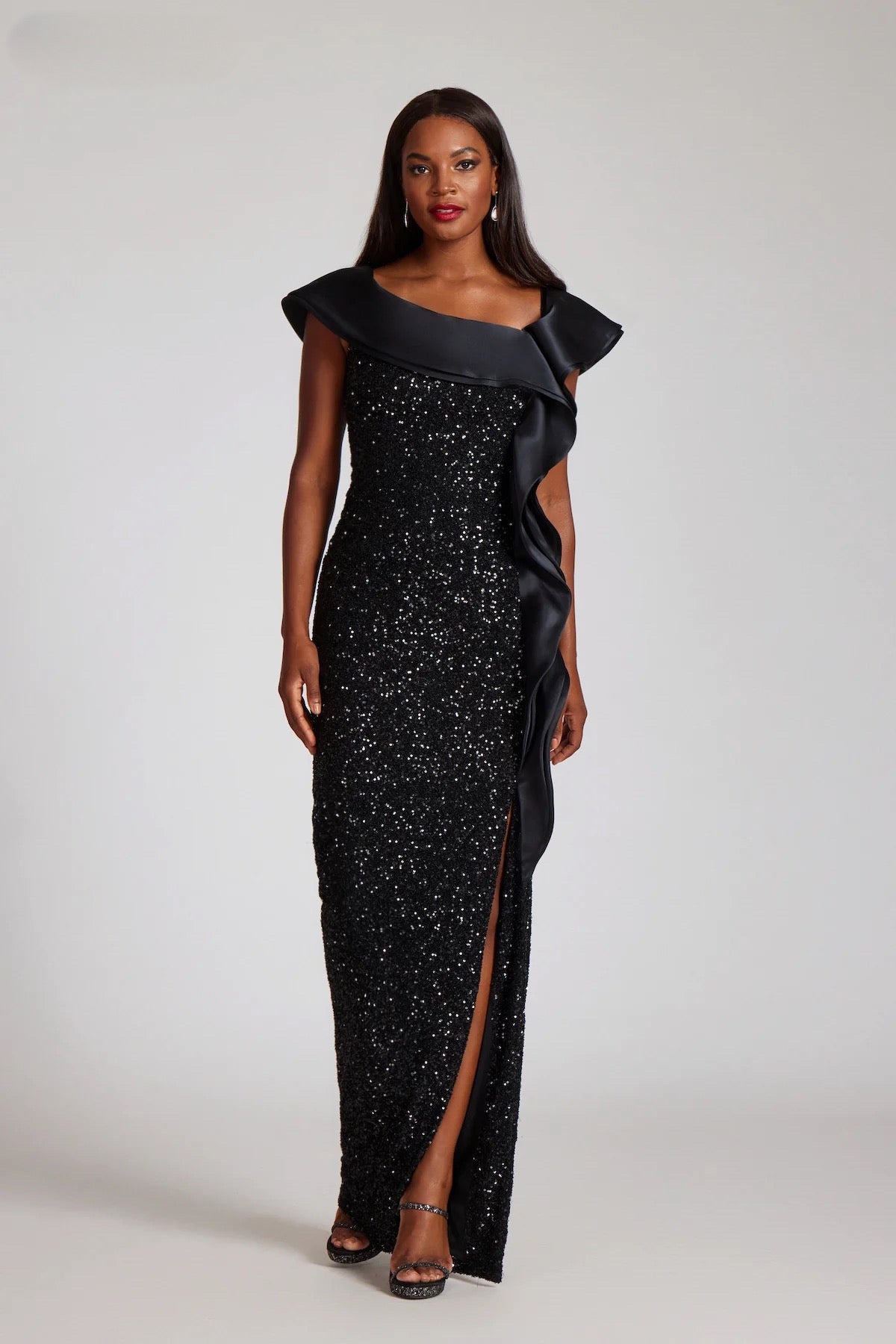 Teri Jon 249006 Sequin Off-the-Shoulder Evening Gown, glamorous gown with sequin detailing, perfect for evening events and mother of the bride occasions.