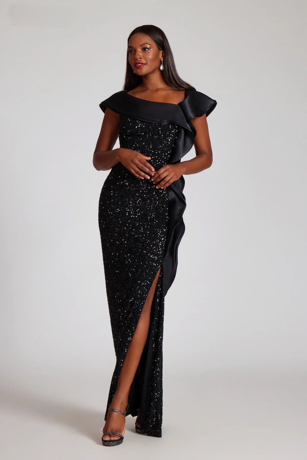 Teri Jon 249006 Sequin Off-the-Shoulder Evening Gown, glamorous gown with sequin detailing, perfect for evening events and mother of the bride occasions.