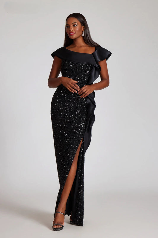 Teri Jon 249006 Sequin Off-the-Shoulder Evening Gown, glamorous gown with sequin detailing, perfect for evening events and mother of the bride occasions.