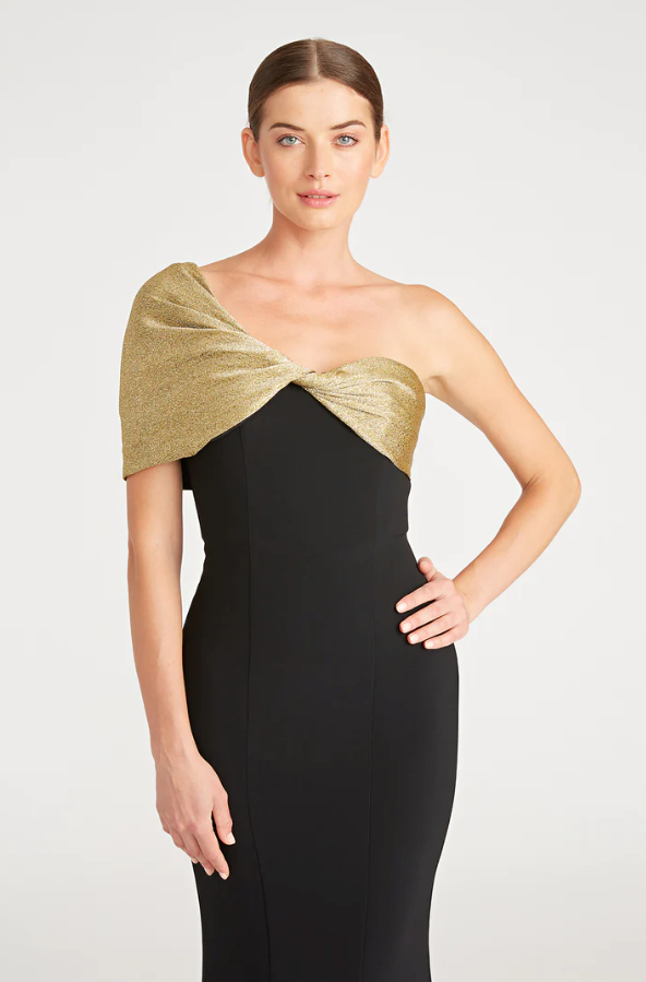 Theia 8818850 Asymmetric Neck Fit and Flare Gown, a floor-length dress with an asymmetric neckline and sleeve, draped bodice, ideal for special occasions and mothers of the bride or groom.