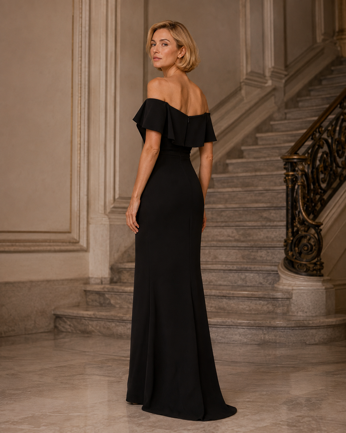 A woman wearing a floor-length off-the-shoulder black gown stands on a marble staircase in a grand interior, photographed from the back and three-quarter angle.