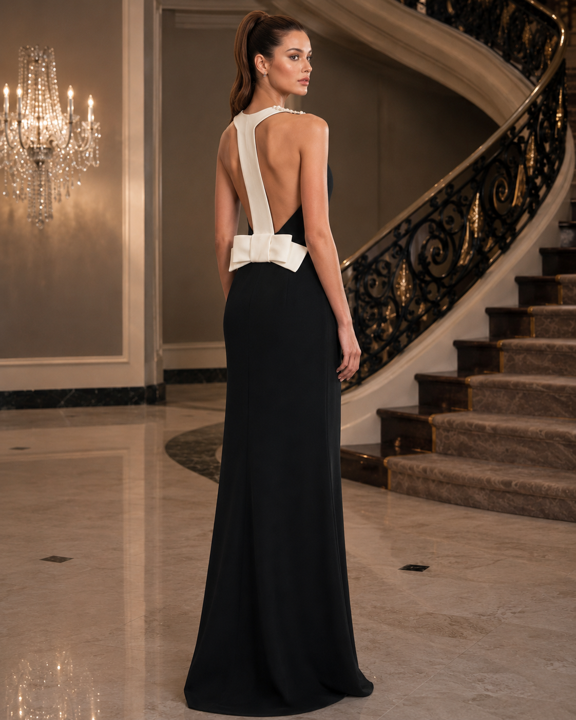 A woman modeling a floor-length black evening gown from the back in an elegant indoor setting with a marble staircase and chandelier. The dress features a dramatic open back with wide white straps and a large white bow at the waist.