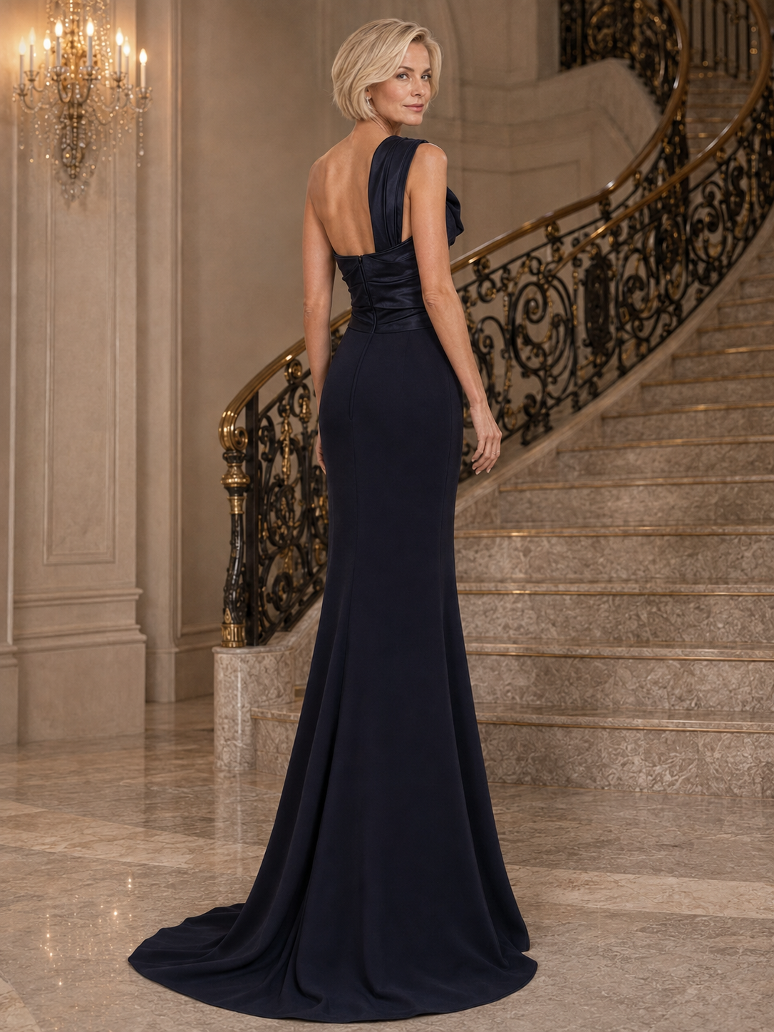 A woman wearing a floor-length navy evening gown stands on a grand marble staircase, photographed from the back to show the open back and train. The dress has a fitted silhouette with a draped one-shoulder neckline and a satin waist detail.