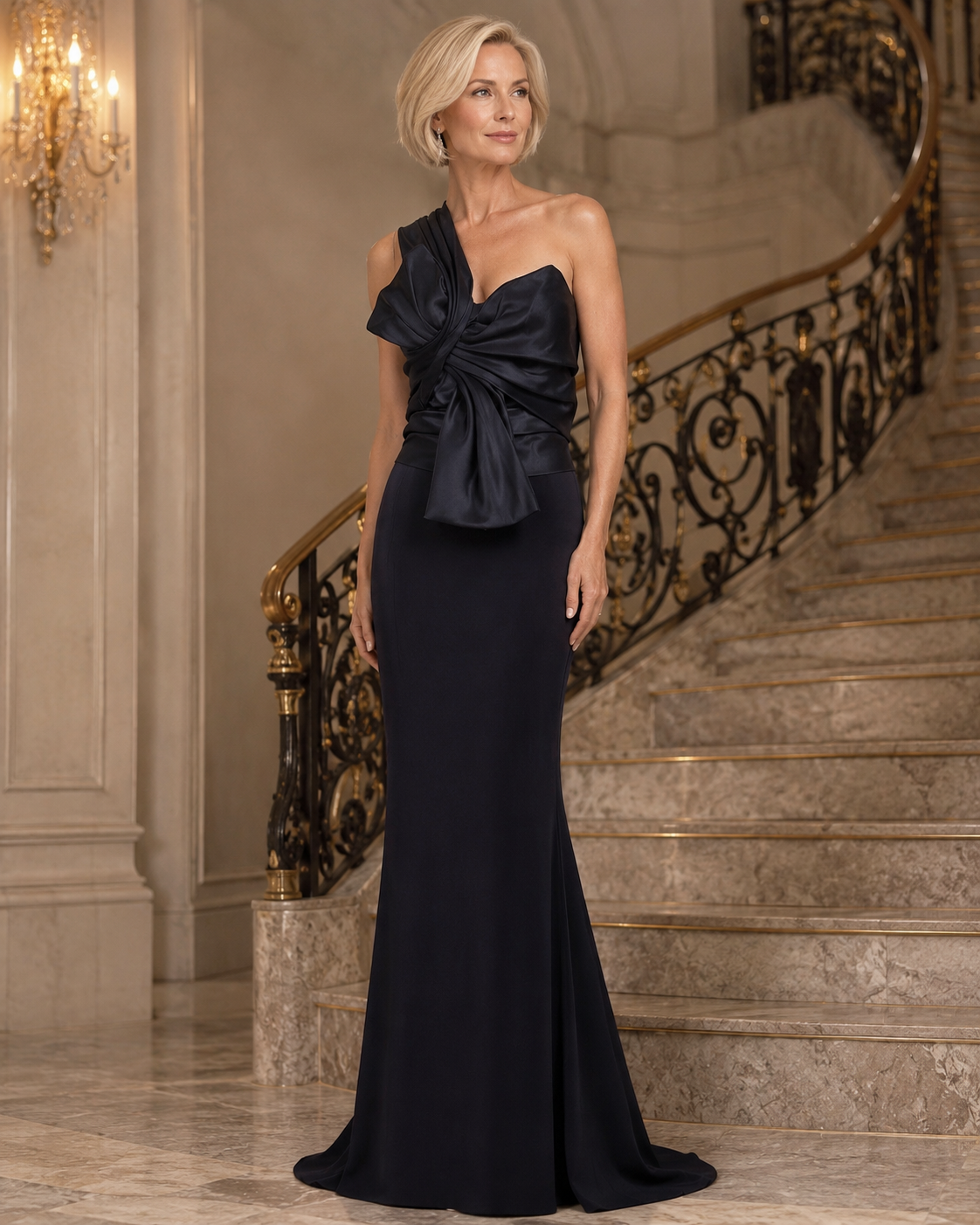 A woman stands on a grand marble staircase wearing a floor-length navy evening gown with a one-shoulder draped neckline and a gathered bow detail at the waist.